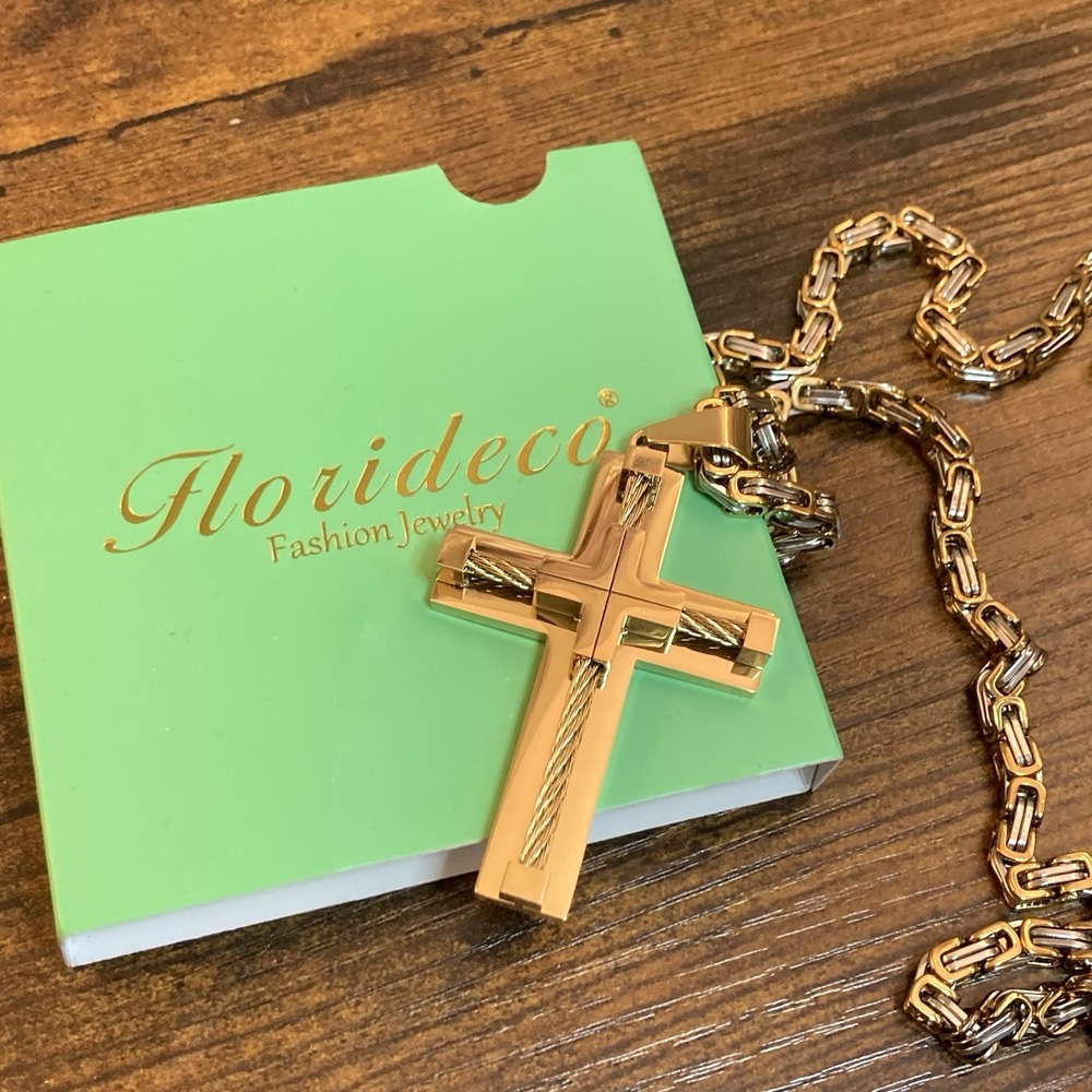 Florideco Gold Tone Cross Necklace Byzantine Chain‎ 24in 5mm Stainless Steel